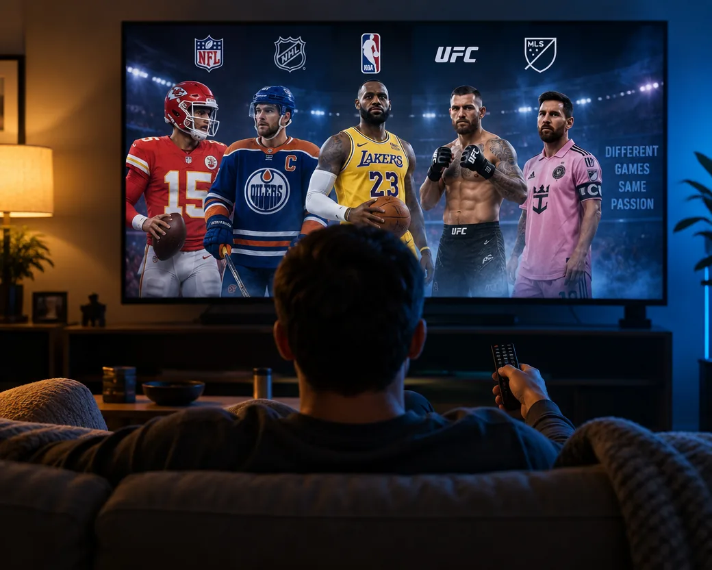 Once you're signed in, everything is on the TV. Your phone is only needed for that first scan. A man on a sofa watching live sports on a big TV