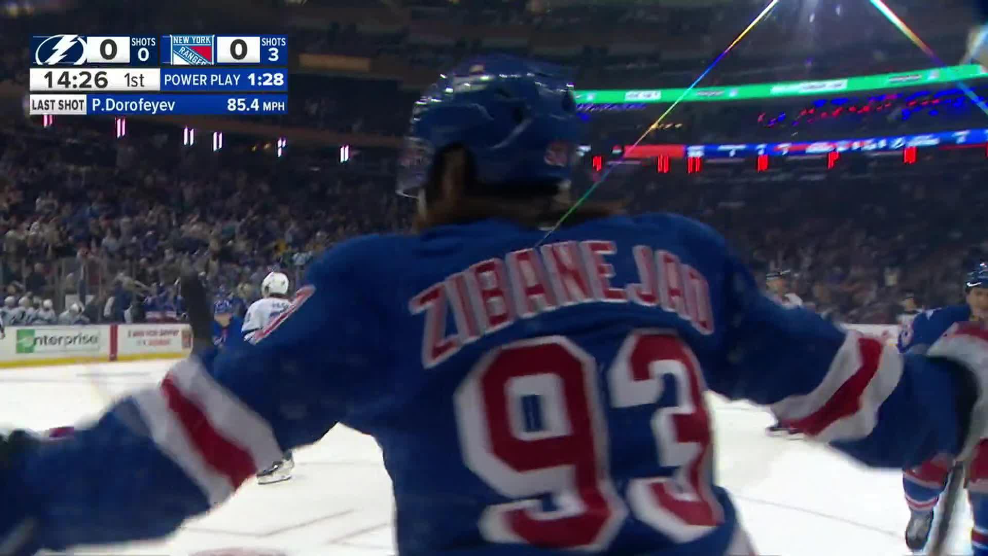 Mika Zibanejad scored on the power play less than six minutes into the home opener. Mika Zibanejad scores a power-play goal against Tampa Bay