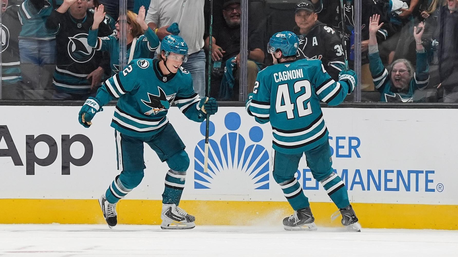 Luca Cagnoni's overtime shot went in off Akira Schmid. Luca Cagnoni scores the overtime winner for the Sharks