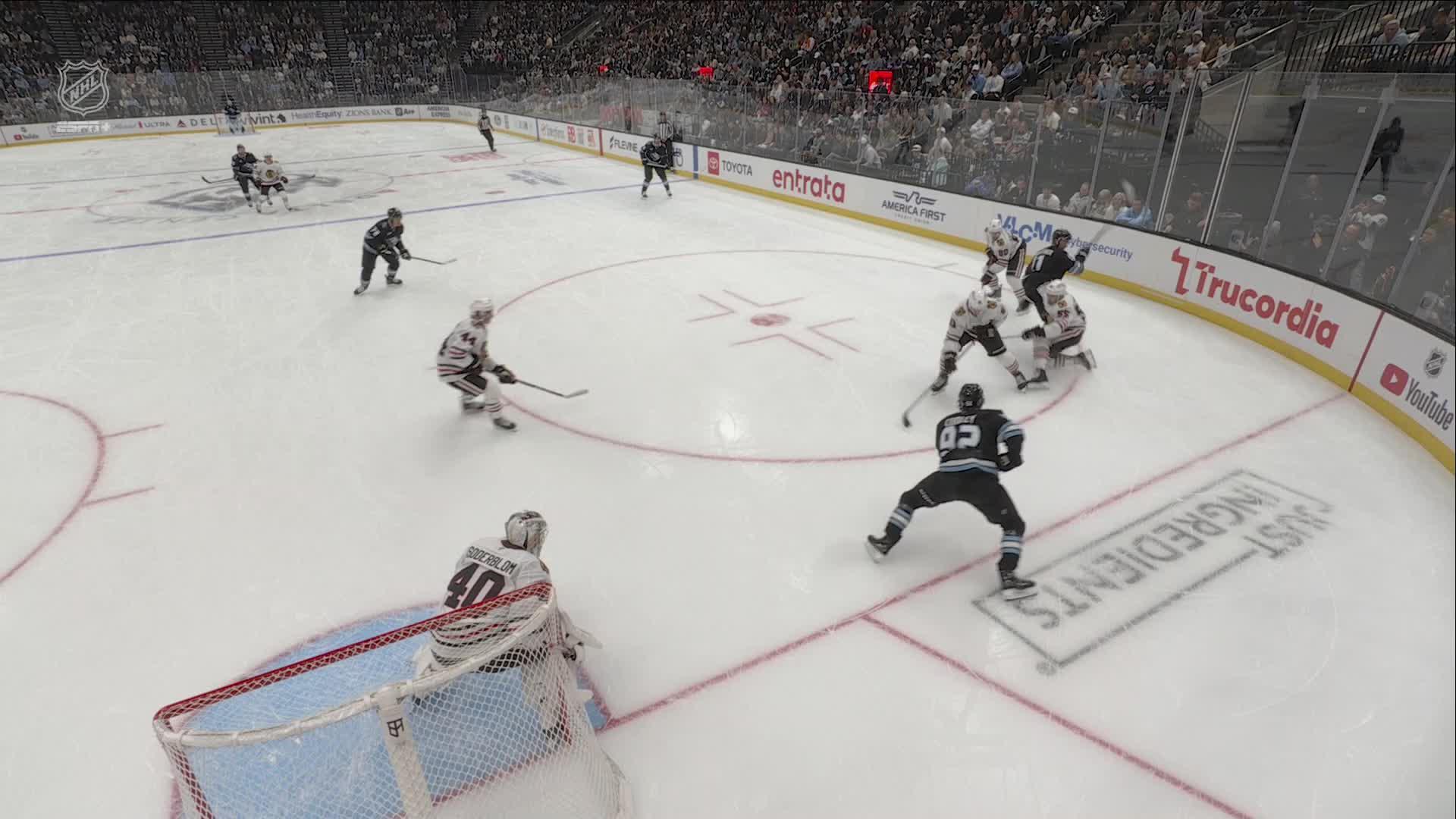 Anders Lee scored from close range in the second period. Anders Lee scores for the Mammoth against Chicago